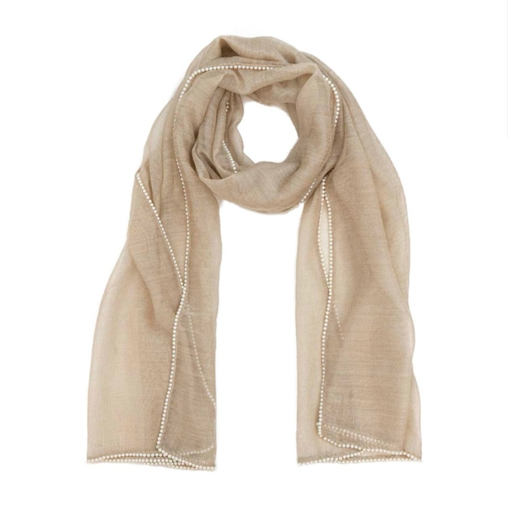 RANDI & WILL 12-Princess Latte Wool Silk Pearl Trimmed Shaw Scarf Women’s OS